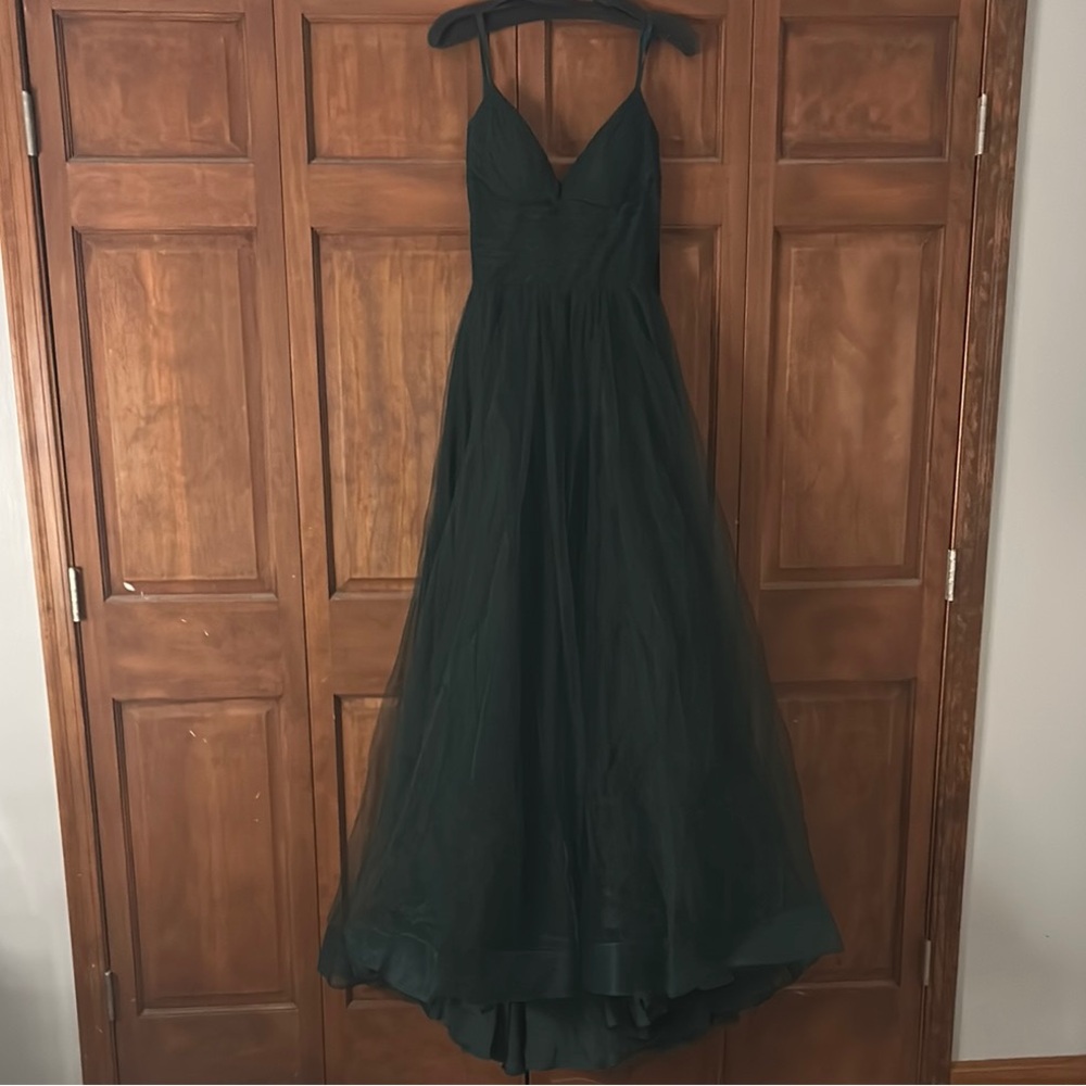 La Femme Green Spaghetti Strap Prom Gown